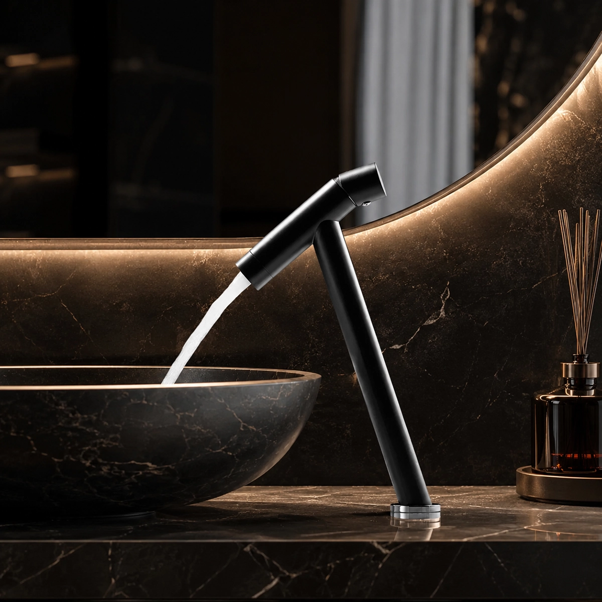 Détail mitigeur lavabo surélevé noir Kyo